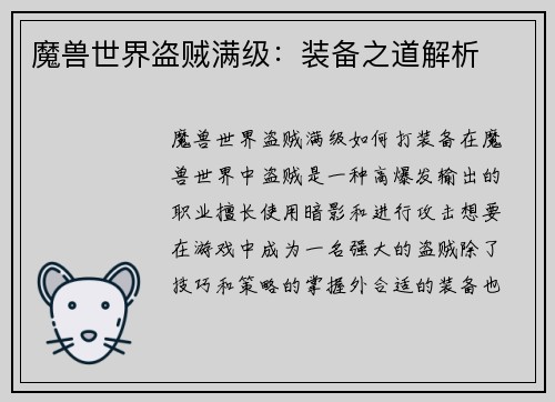 魔兽世界盗贼满级：装备之道解析